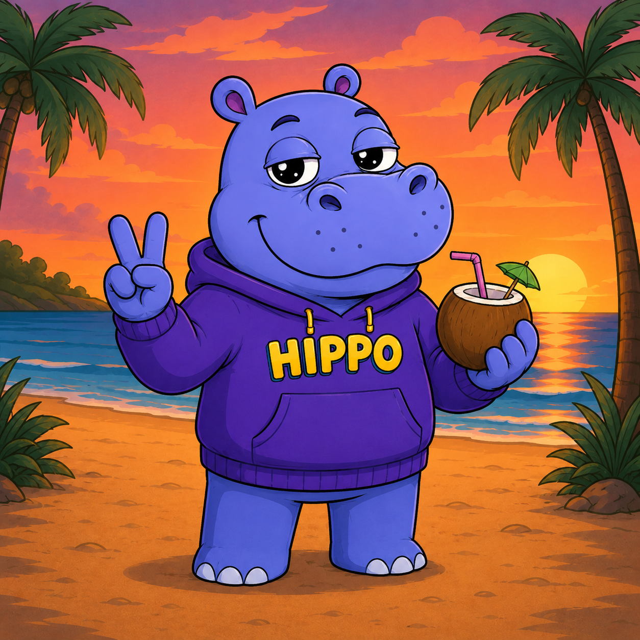 $HIPPO mascot, a chunky purple hippo in a hoodie holding a coconut on the beach